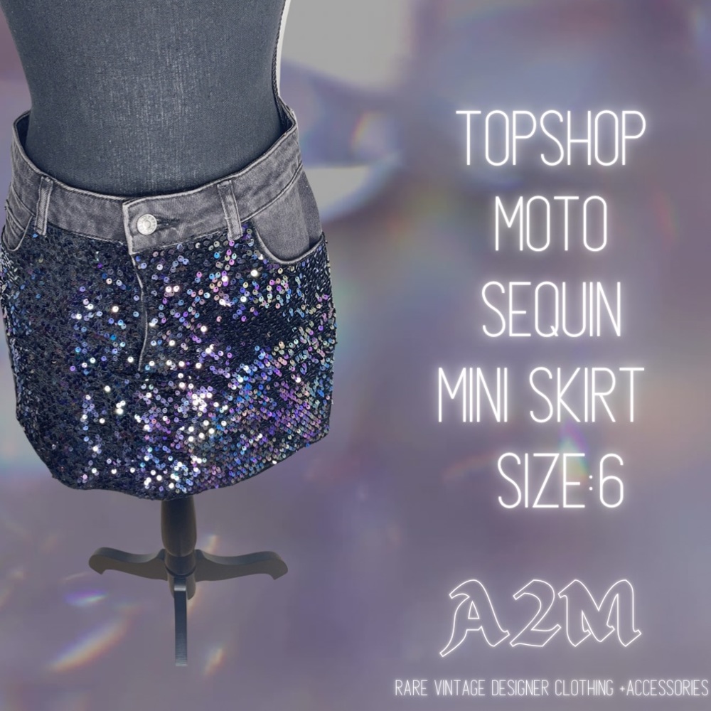 Top shop Moto Sequin Denim Mini Skirt 
Size 6